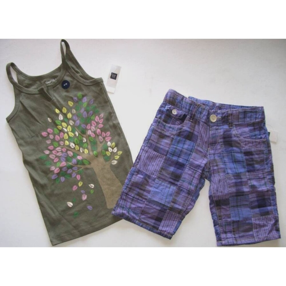 NEW Gap Kids girls outfit 6 8 S M purple plaid long shorts olive tank top shirt